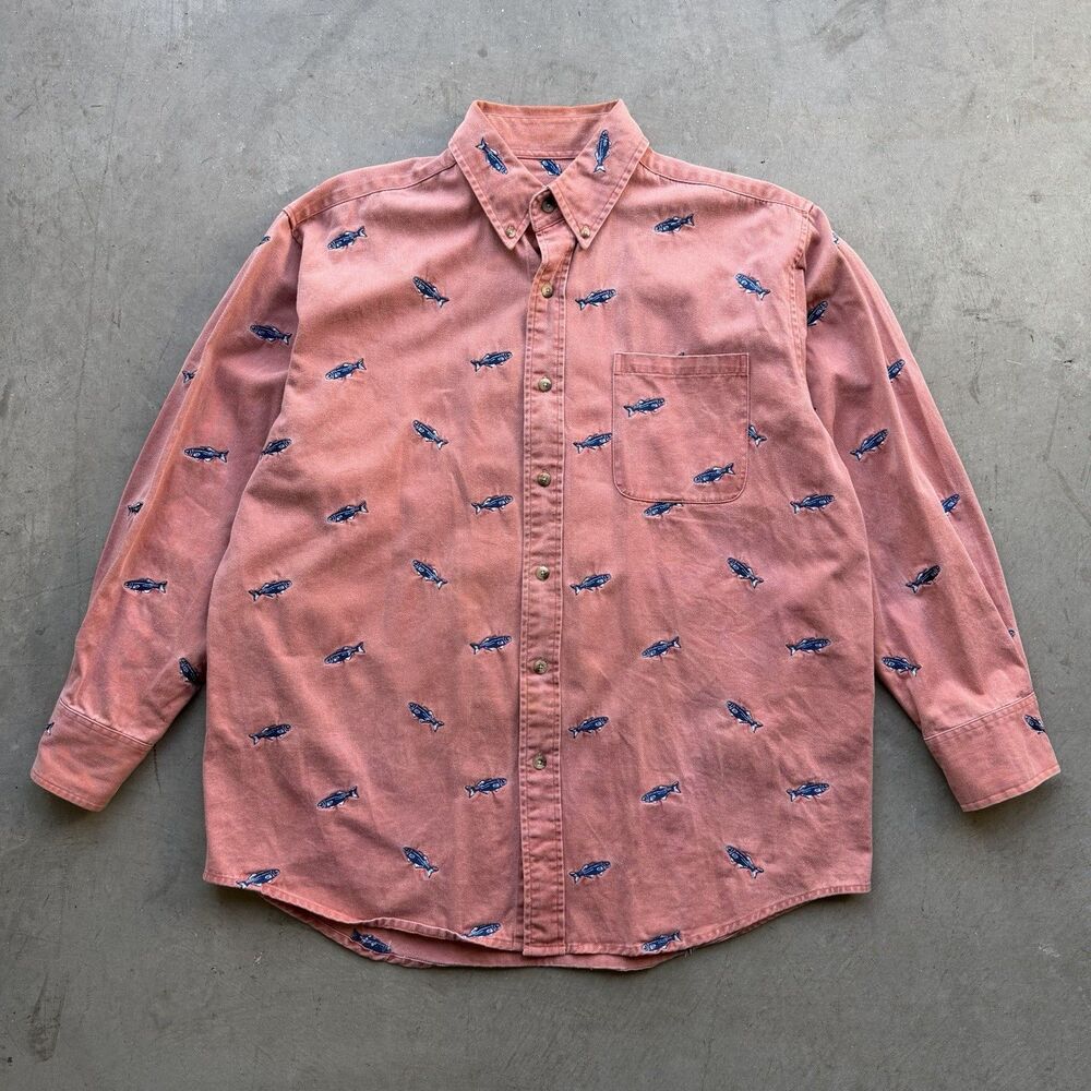 Murrays Toggery Shop Mens L Button Shirt Nantucket Salmon Pink Preppy Fish Rare